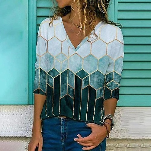 

Women's Geometric Painting T shirt Color Block Geometric Long Sleeve Print V Neck Basic Tops Green White Beige