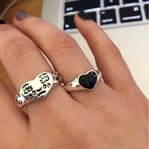 

Open Cuff Ring Retro Silver Black Red Alloy Heart Face Stylish Simple European 1pc One Size
