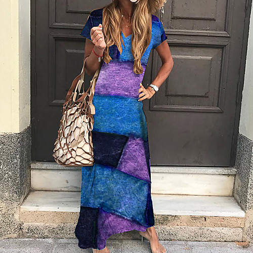 

Women's Sheath Dress Maxi long Dress Blue Purple Green Short Sleeve Print Print Spring Summer V Neck Boho 2021 S M L XL