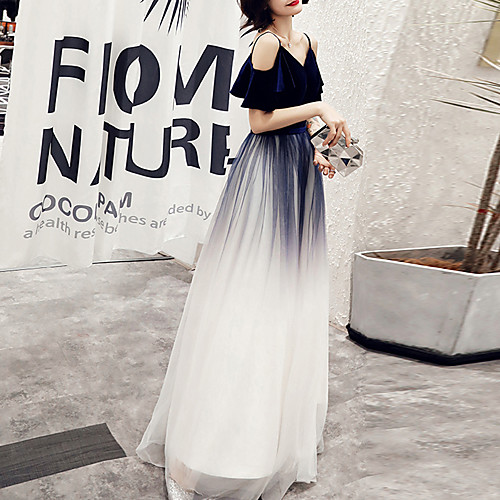 

A-Line Elegant Gradient Party Wear Prom Dress Spaghetti Strap Short Sleeve Floor Length Tulle Velvet with Sleek 2021