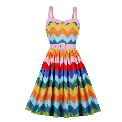 

Women's A Line Dress Knee Length Dress Color wavy stripes Sleeveless Rainbow Stripes Summer Sexy 2021