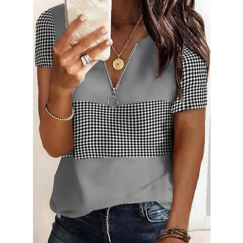 

Women's Blouse Shirt Color Block Geometric Zipper Print V Neck Basic Streetwear Tops White Light gray Dark Gray
