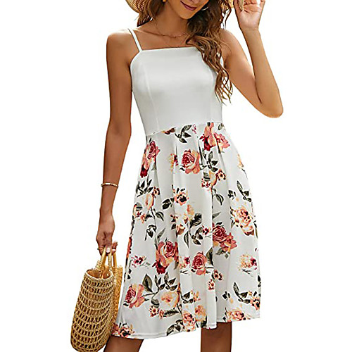 

Women's Strap Dress Knee Length Dress Whiteflowers Blackflowers Blueflowers Black plaid printing Red plaid print Black lotus Pinkgrass Sleeveless Pattern Summer Casual 2021 S M L XL XXL XXXL