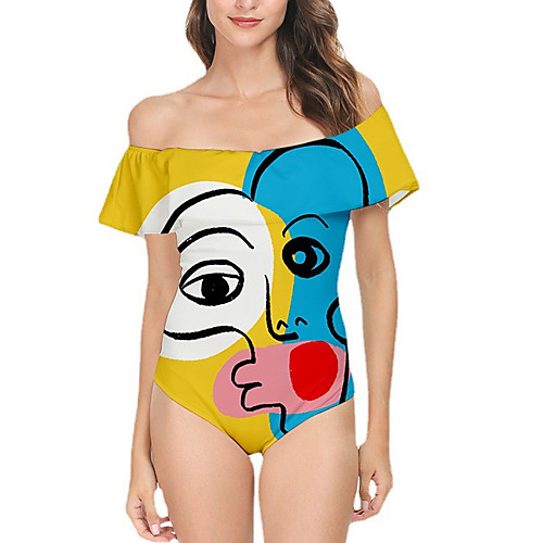 

Women's One Piece Monokini Swimsuit Ruffle Print Abstract Blue Yellow Wine Gray Red Swimwear Off Shoulder Bathing Suits New Casual Vacation / Padded Bras / Beach
