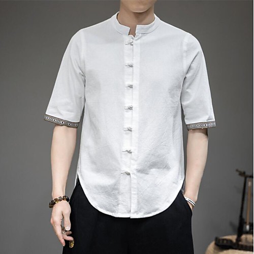

Men's Shirt Solid Colored 3/4 Length Sleeve Casual Tops Chinese Style White Dark Gray Navy Blue