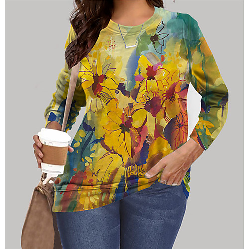 

Women's Plus Size Tops Pullover Sweatshirt Floral Graphic Print Long Sleeve Crewneck Basic Yellow Big Size XL XXL 3XL 4XL 5XL