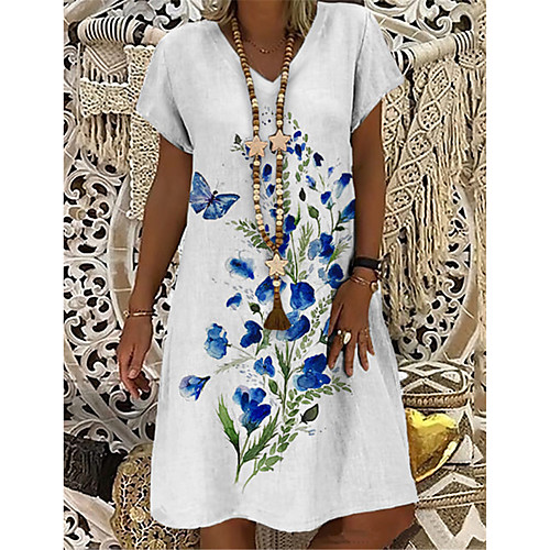 

Women's T Shirt Dress Tee Dress Knee Length Dress White Short Sleeve Floral Butterfly Animal Print Summer V Neck Casual Holiday 2021 S M L XL XXL 3XL