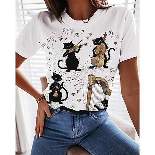 

Women's T shirt Animal Print Round Neck Basic Tops White