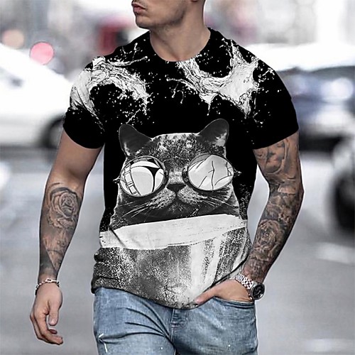

Men's Tee T shirt Shirt 3D Print Cat Graphic Plus Size Short Sleeve Casual Tops Basic Designer Slim Fit Big and Tall Blue Yellow Black