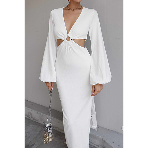 

Women's Sheath Dress Maxi long Dress White Black Long Sleeve Solid Color Split Fall Summer V Neck Casual Sexy Holiday Lantern Sleeve 2021 S M L XL / Chiffon
