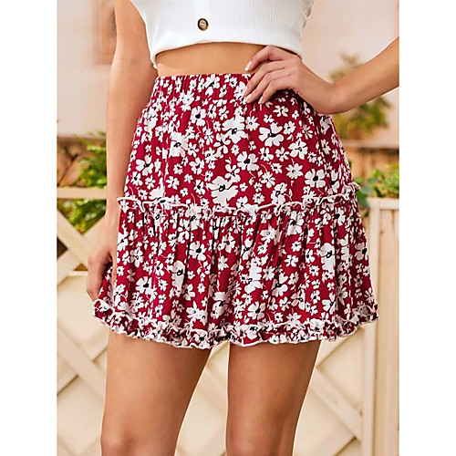 

Women's Daily Weekend Basic Streetwear Skirts Floral / Botanical Graphic Lace Trims Print Red