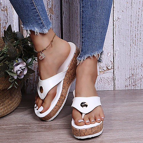 

Women's Sandals Platform Sandals Wedge Heel Round Toe PU Solid Colored White Black Blue