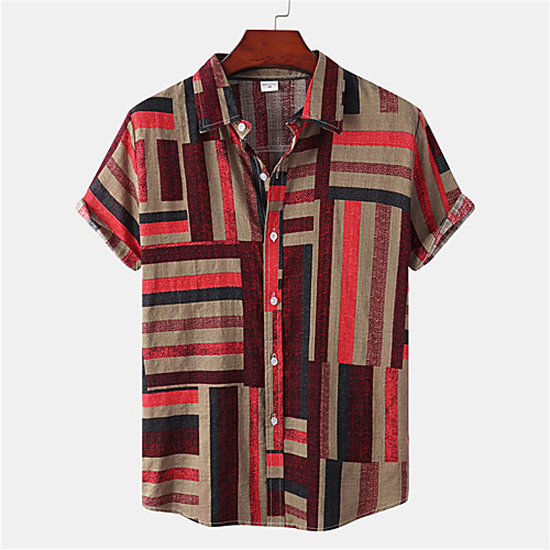 

Men's Shirt Striped Button-Down Short Sleeve Street Tops Casual Hawaiian Comfortable Blue Khaki Red