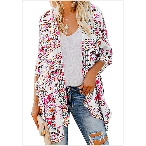 

Women's Coat Daily Wear Spring Summer Long Coat V Neck Regular Fit Casual / Daily Jacket Flower / Floral Print Weight: 110g Sky Blue