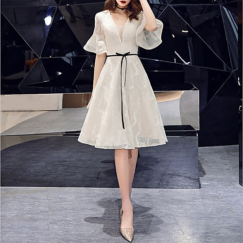 

A-Line Minimalist Elegant Party Wear Cocktail Party Dress V Neck Half Sleeve Knee Length Tulle with Sash / Ribbon 2021