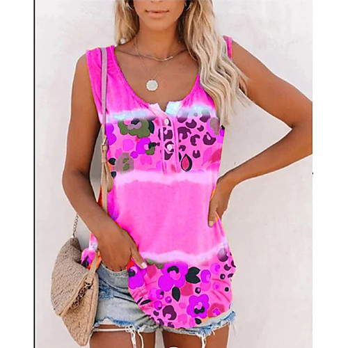 

Women's Tank Top Vest Floral Button Print V Neck Basic Streetwear Tops Purple Yellow Fuchsia