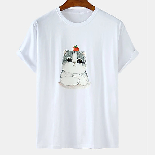 

Men's Unisex Tee T shirt Hot Stamping Cat Graphic Prints Animal Plus Size Print Short Sleeve Casual Tops Cotton Basic Designer Big and Tall White Black Khaki