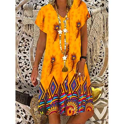 

Women's A Line Dress Knee Length Dress Blue Yellow Orange Short Sleeve Print Geometric Tie Dye Summer V Neck Casual 2021 S M L XL XXL 3XL 4XL 5XL