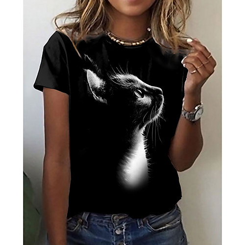 

Women's 3D Cat Painting T shirt Cat 3D Animal Print Round Neck Basic Tops Black