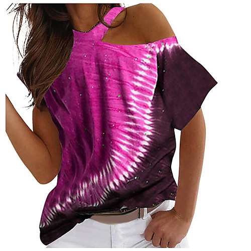 

Women's Abstract Painting T shirt Color Block Tie Dye Cut Out Cold Shoulder Print V Neck Basic Tops Blue Fuchsia Gray