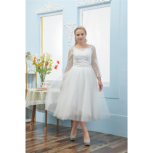 

A-Line Plus Size Vintage Party Wear Prom Dress Jewel Neck 3/4 Length Sleeve Tea Length Lace Tulle with Pleats Embroidery 2021