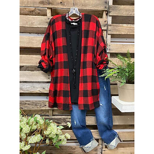 

Women's Plus Size Tops Blouse Plaid Long Sleeve Collar Fall Black Red Big Size L XL XXL XXXL
