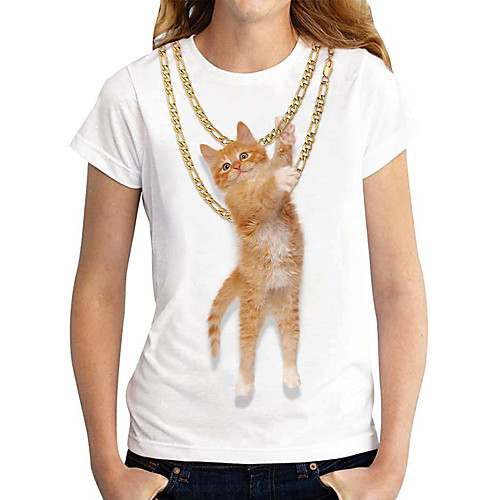 

Women's 3D Cat Painting T shirt Cat 3D Animal Print Round Neck Basic Tops White