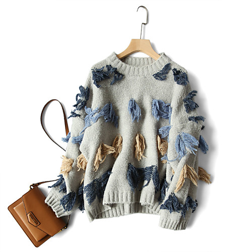 

Women's Pattern Pullover Long Sleeve Sweater Cardigans Round Neck Navy Beige gray khaki