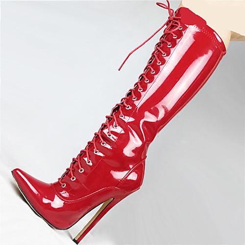 

Women's Boots Stiletto Heel Pointed Toe Knee High Boots Mid Calf Boots PU Lace-up Red Black