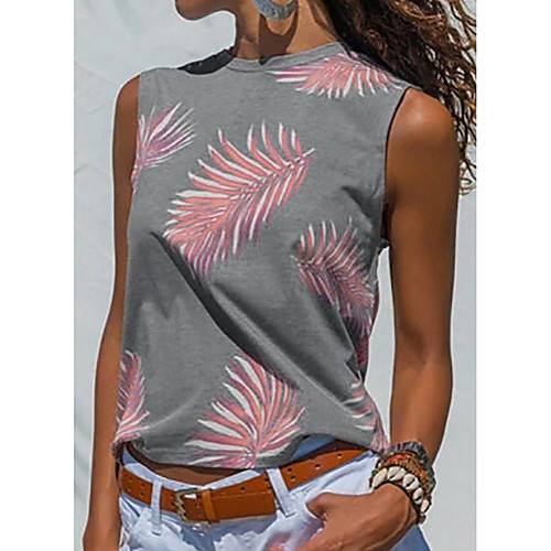 

Women's Tank Top Feather Print Round Neck Basic Streetwear Tops Gray