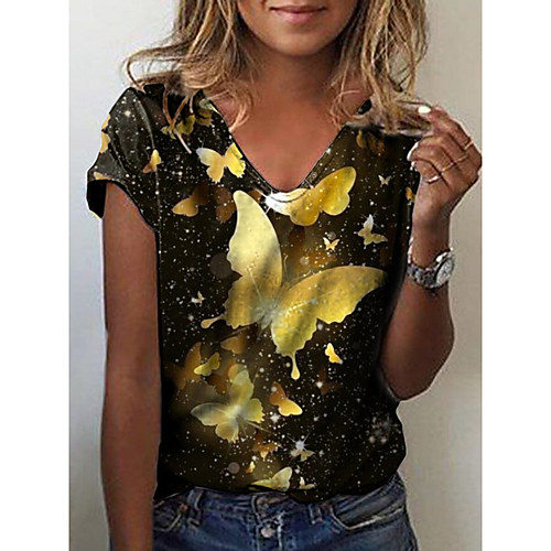 

Women's Butterfly T shirt Butterfly V Neck Basic Tops Black