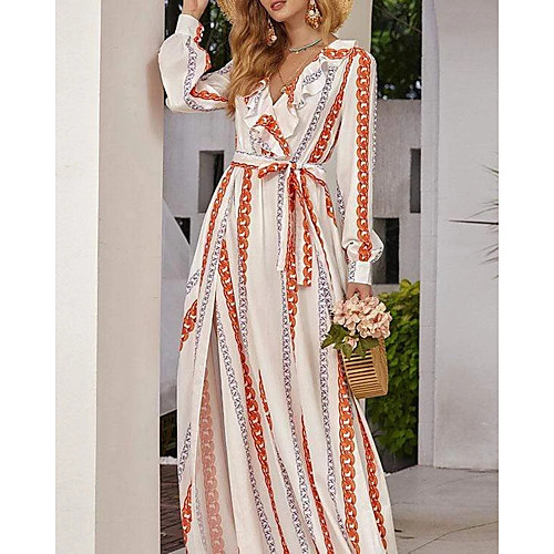 

Women's A Line Dress Maxi long Dress Orange Long Sleeve Pattern Summer Casual 2021 S M L XL XXL