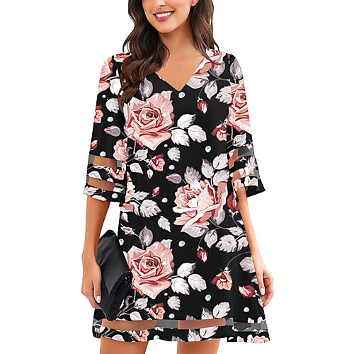 

Women's A Line Dress Short Mini Dress star Rose flower sunflower National flag Daisy flower Long Sleeve Pattern Summer Casual 2021 S M L XL 2XL