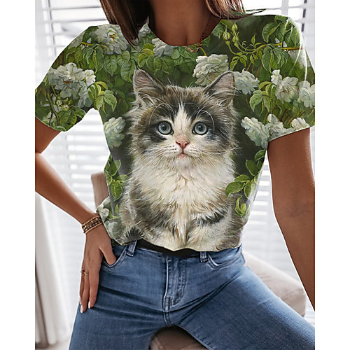 

Women's Floral Theme 3D Cat Painting T shirt Floral Cat 3D Print Round Neck Basic Tops Green