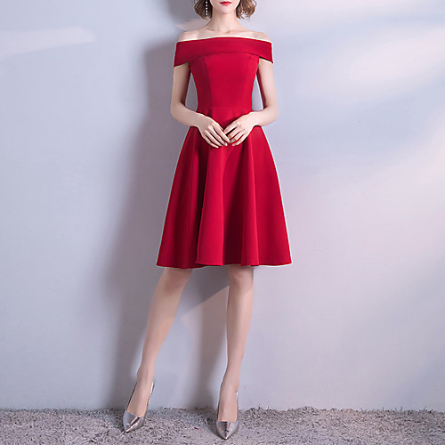 

A-Line Minimalist Elegant Party Wear Cocktail Party Dress Off Shoulder Short Sleeve Knee Length Stretch Fabric with Pleats 2021