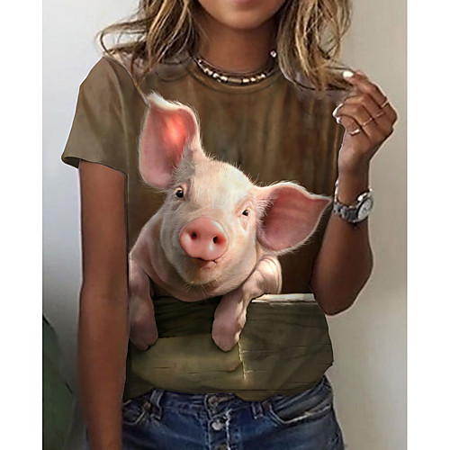 

Women's 3D Printed Painting T shirt 3D Animal Print Round Neck Basic Tops Brown