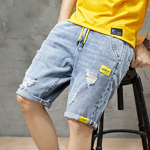 

Men's Stylish Sporty Casual / Sporty Streetwear Comfort Daily Sports Jeans Shorts Pants Letter Knee Length Drawstring Elastic Drawstring Design Blue Grey