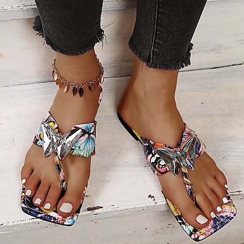 

Women's Sandals Flat Heel Square Toe PU Color Block Blue Rainbow Gray