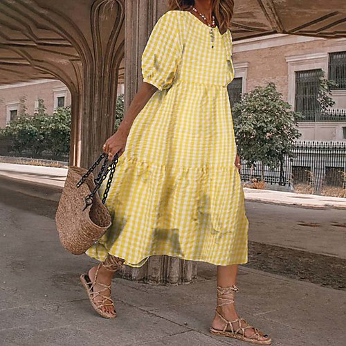 

Women's A Line Dress Midi Dress Plaid-pink Plaid-yellow Plaid-black Half Sleeve Grid Pattern Spring Summer Streetwear 2021 S M L XL XXL 3XL 4XL 5XL / Cotton / Cotton