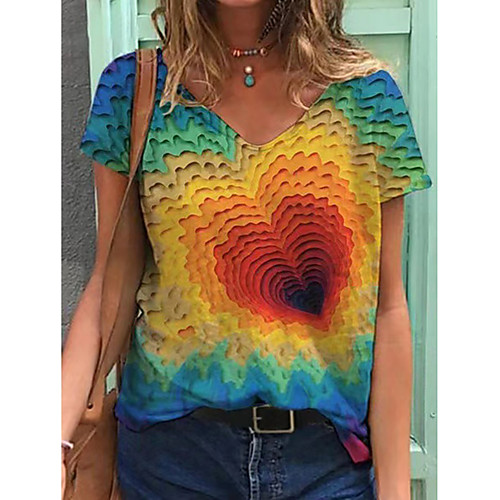 

Women's Floral Theme Abstract 3D Printed T shirt Graphic Heart Scenery Print V Neck Basic Tops Purple Red Yellow