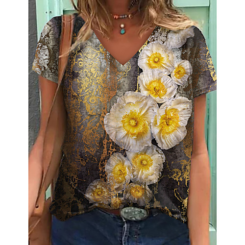 

Women's Floral Theme 3D Printed Painting T shirt Floral Graphic 3D Print V Neck Basic Tops Yellow