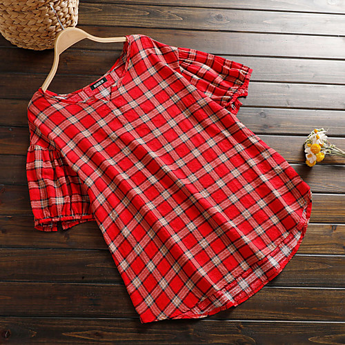 

Women's Plus Size Tops Blouse Shirt Plaid Long Sleeve U Neck Spring Summer Red Box Green grid Red dot Big Size L XL 2XL 3XL 4XL / Holiday