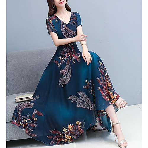 

Women's Swing Dress Maxi long Dress Blue Short Sleeve Floral Print Print Summer V Neck Casual Holiday 2021 S M L XL XXL