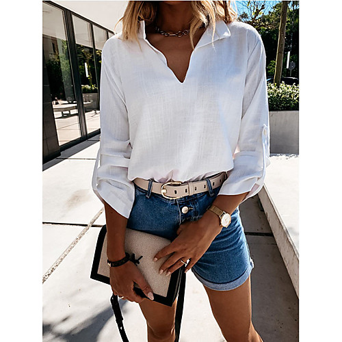 

Women's Blouse Shirt Plain Long Sleeve V Neck Basic Streetwear Tops White