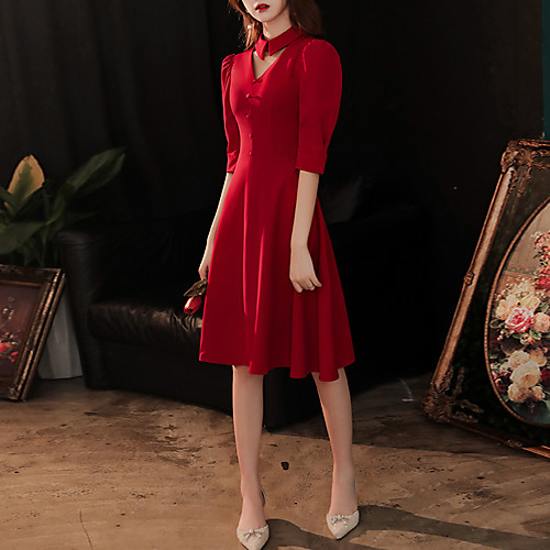 

A-Line Elegant Vintage Party Wear Cocktail Party Dress V Neck Shirt Collar Half Sleeve Knee Length Stretch Fabric with Sleek 2021