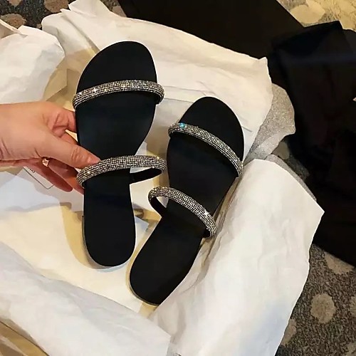 

Women's Sandals Outdoor Slippers Flat Heel Round Toe PU Rhinestone Solid Colored Black Beige