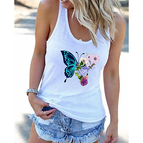 

Women's Beach Butterfly Tank Top Vest T shirt Floral Butterfly Print U Neck Basic Streetwear Tops White Black Gray