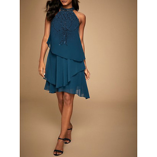 

A-Line Hot Glittering Elegant Cocktail Party Formal Evening Dress Halter Neck Sleeveless Short / Mini Chiffon with Beading Tier 2021
