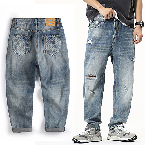 

Men's Stylish Sporty Casual / Sporty Streetwear Comfort Daily Sports Pants Jeans Trousers Pants Solid Color Full Length Pocket Light Blue