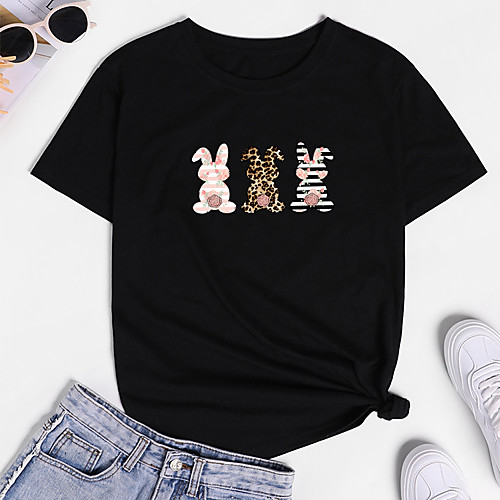 

Women's T shirt Letter Animal Print Round Neck Basic Tops Cotton Blue Purple Yellow